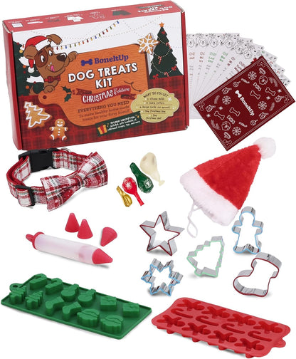 Dog Treat Kit for Christmas – 2 Silicone Christmas Edition Cookie Molds, 5 Cookie Cutters, 10 Recipes, Bow, Dog Hat, 4 Decorating Balloons, Decorating Pen – Ideal DIY Kit for Dogs Lover